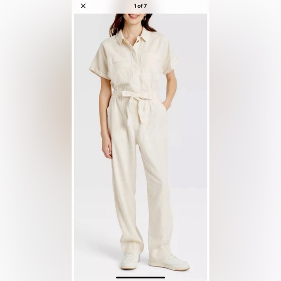 Universal Thread Women's Short Sleeve Linen Boilersuit Casual Jumpsuit Cream 4 - Picture 3 of 13